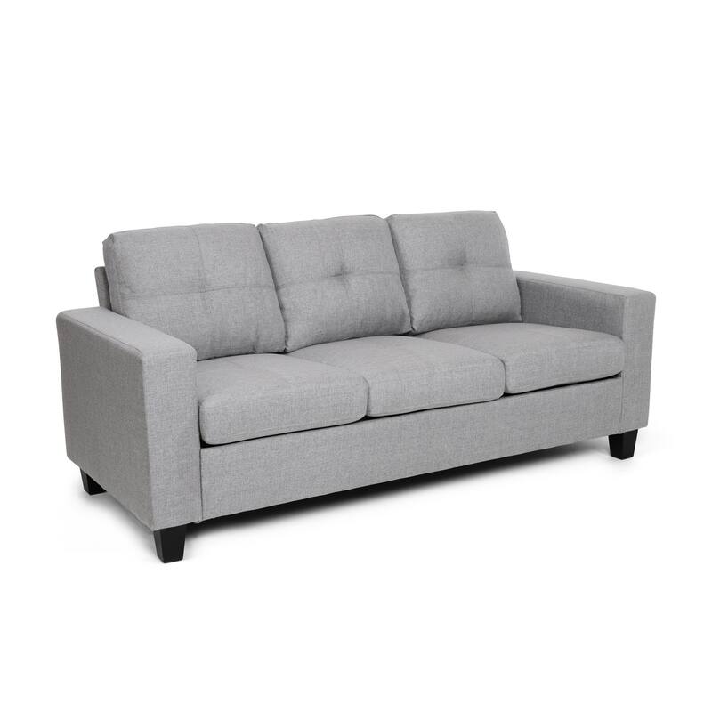 Three-Seater Grey Fabric Sofa with Wood Legs