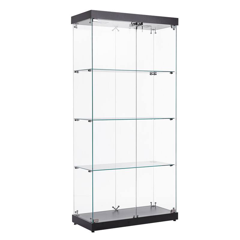 4-Tier Double Glass Door Display Bookshelf with Two Locks and 2 Lamp