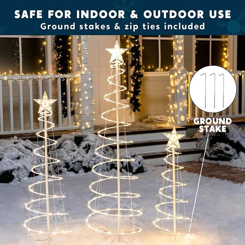 3, 4 & 5FT Tall Plastic Warm White LED Lighted Spiral Christmas Trees (Set of 3), Indoor Outdoor Christmas Decoration