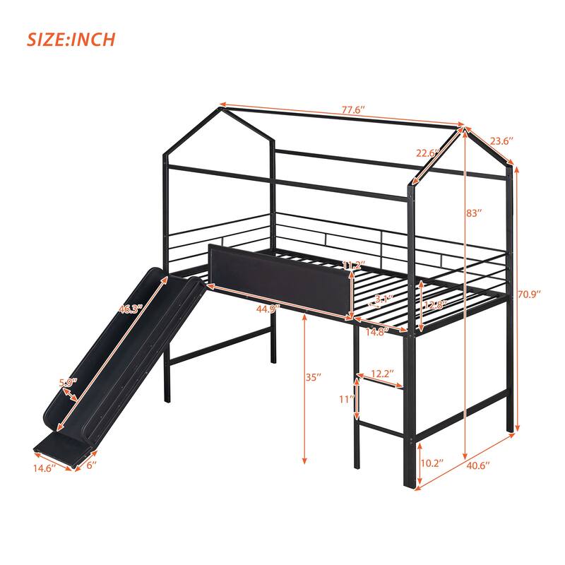 Twin Size Metal Loft House Shaped Platform Bed with Slide and Writable Wooden Board, Fun and Functional for Kids Bedrooms