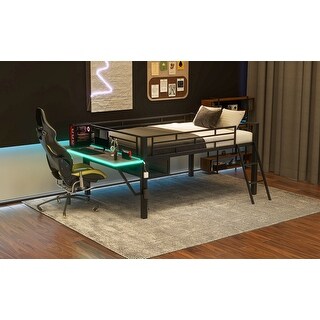 LED Full Size Gaming Mid Loft Bed with Desk and Storage