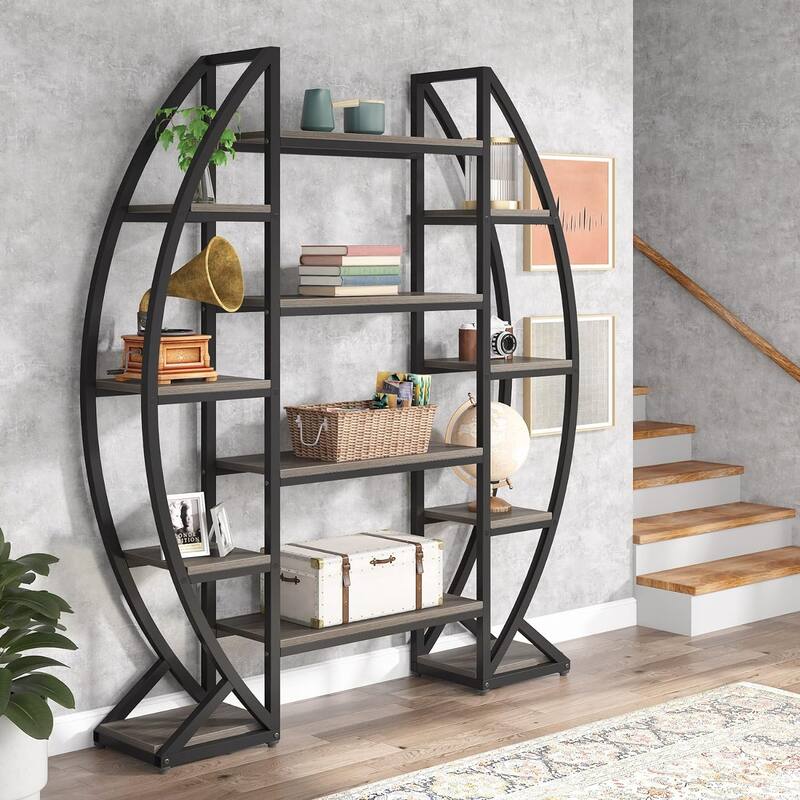Industrial Bookshelf, Oval Triple Wide 5 Tiers Etagere Bookcase - 11.81"D x 55.11"W x 69.68"H