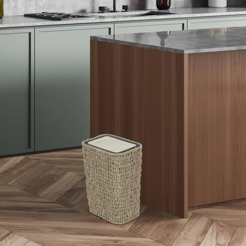Trash Can with Lid 2.6 Gallon Small Rattan Press Top Slim Wicker 2 in 1 Waste Basket Hamper Seagrass for Bathroom Kitchen