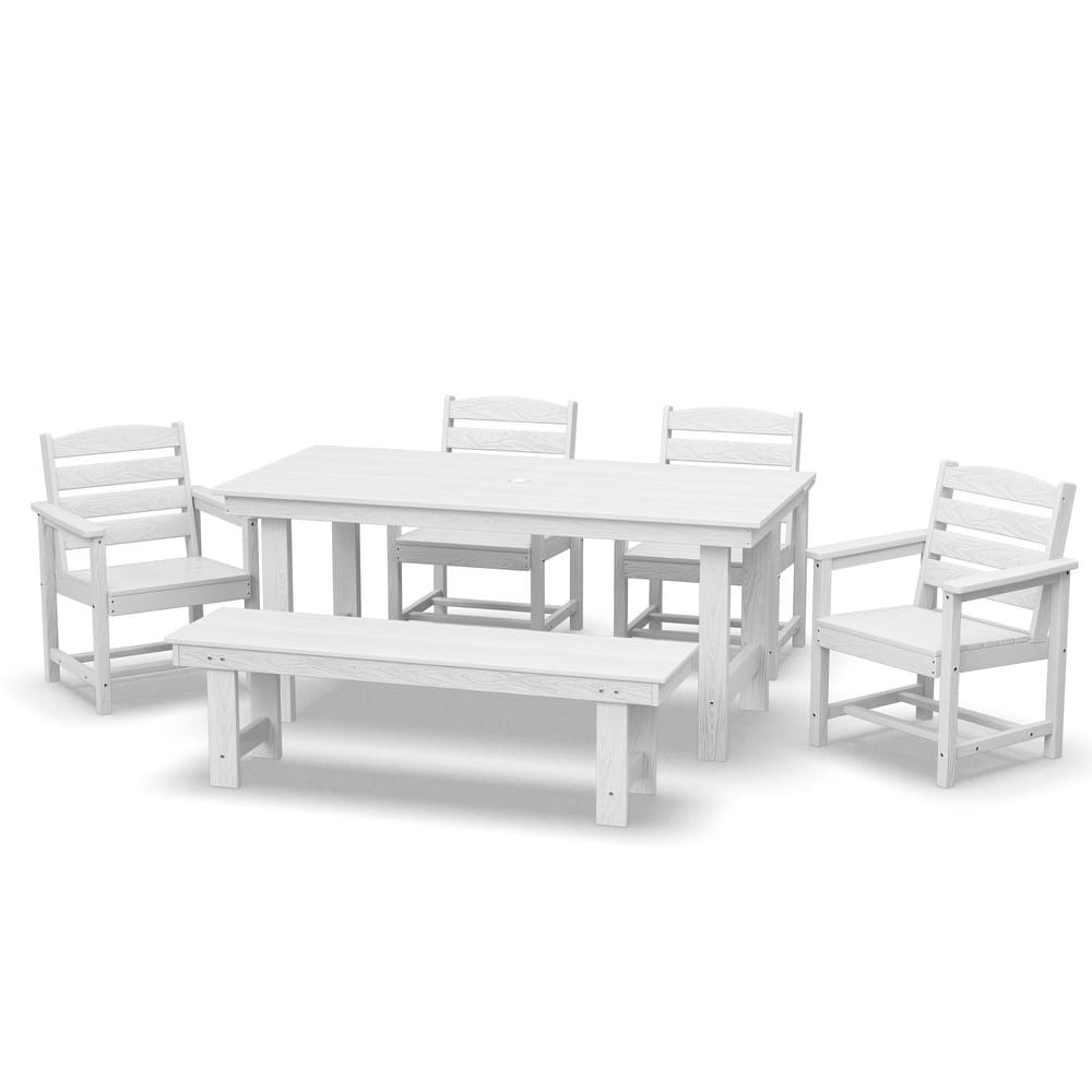6-Piece HDPE Outdoor Dining Table Sets with Umbrella Hole - 1-Table 4-Chairs-1-Bench