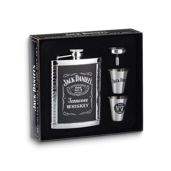 Jack Daniels Leather Inset Stainless Steel 6 Ounce Flask Gift Set with ...