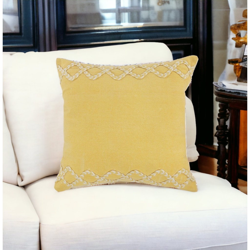 HomeRoots 20" X 20" Yellow and White Braided Cotton Zippered Pillow