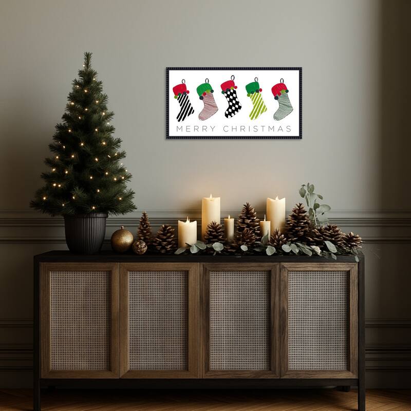 Christmas Stockings by Patricia Pinto (27 x 14 in.), Framed Canvas Wall Art Print - Sylvie Beaded Black