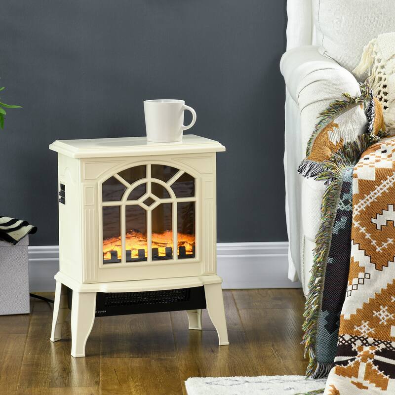 18" Cream White Electric Fireplace Heater with LED Flames, Overheat Protection, 750W/1500W