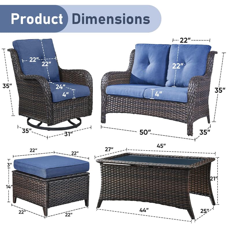 Pocassy Outdoor 6 Pieces 2-Seat Sofa Swivel Chairs Table Ottoman