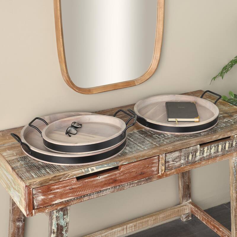Mango Wood Nesting Living Room Decor Tray with Black Metal Handles - Set of 3 Cream or Brown - Roche River Decor