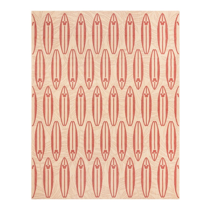 Disney Licensed Mickey Mouse Indoor Outdoor Flatweave Area Rug Tropical Surfing Polypropylene Coastal Accent Rug - 7'10"x10' - Surfboard Red