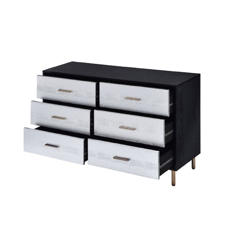 Emily 47 Inch Wood Side Dresser with 6 Drawers, Metal Bar Handles, Black