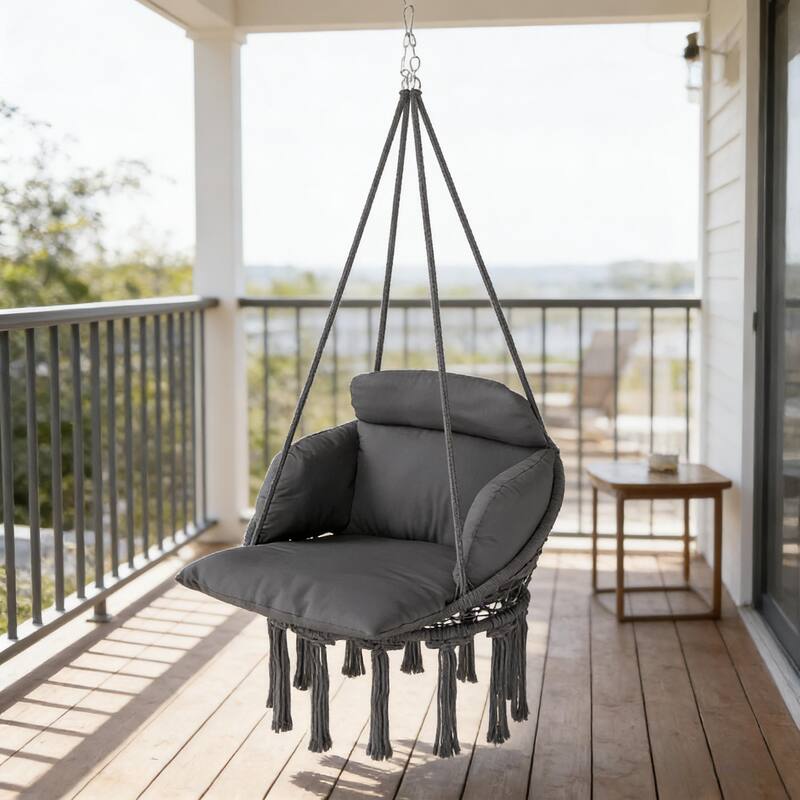 GDFStudio - Maribel Boho-Inspired Hanging Hammock Swing Chair with Plush Cushion Support - Dark Gray - Hanging Chair
