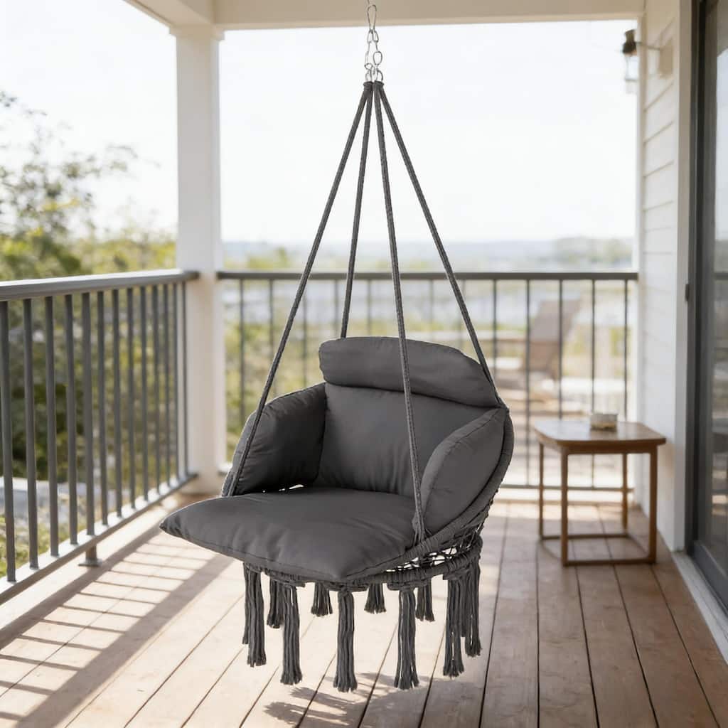 GDFStudio - Maribel Boho-Inspired Hanging Hammock Swing Chair with Plush Cushion Support