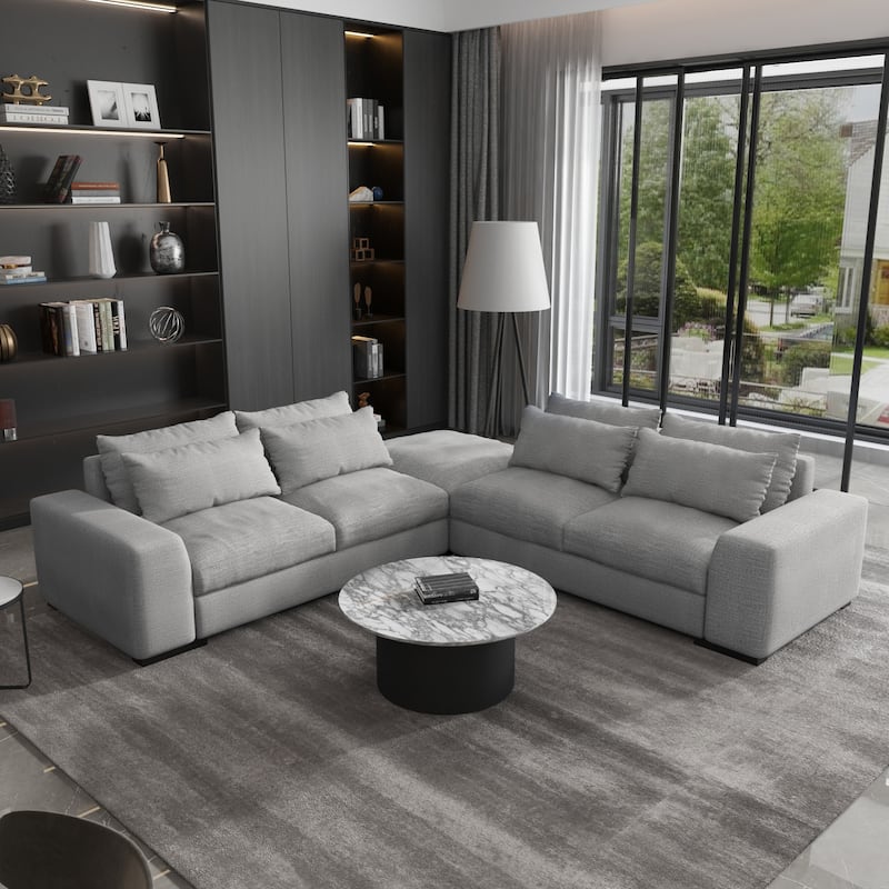 150 Wide L-Shape Linen Sofa Couch, Modern Feather Filled 5-Seat Sectional Sofa Couch with Ottoman