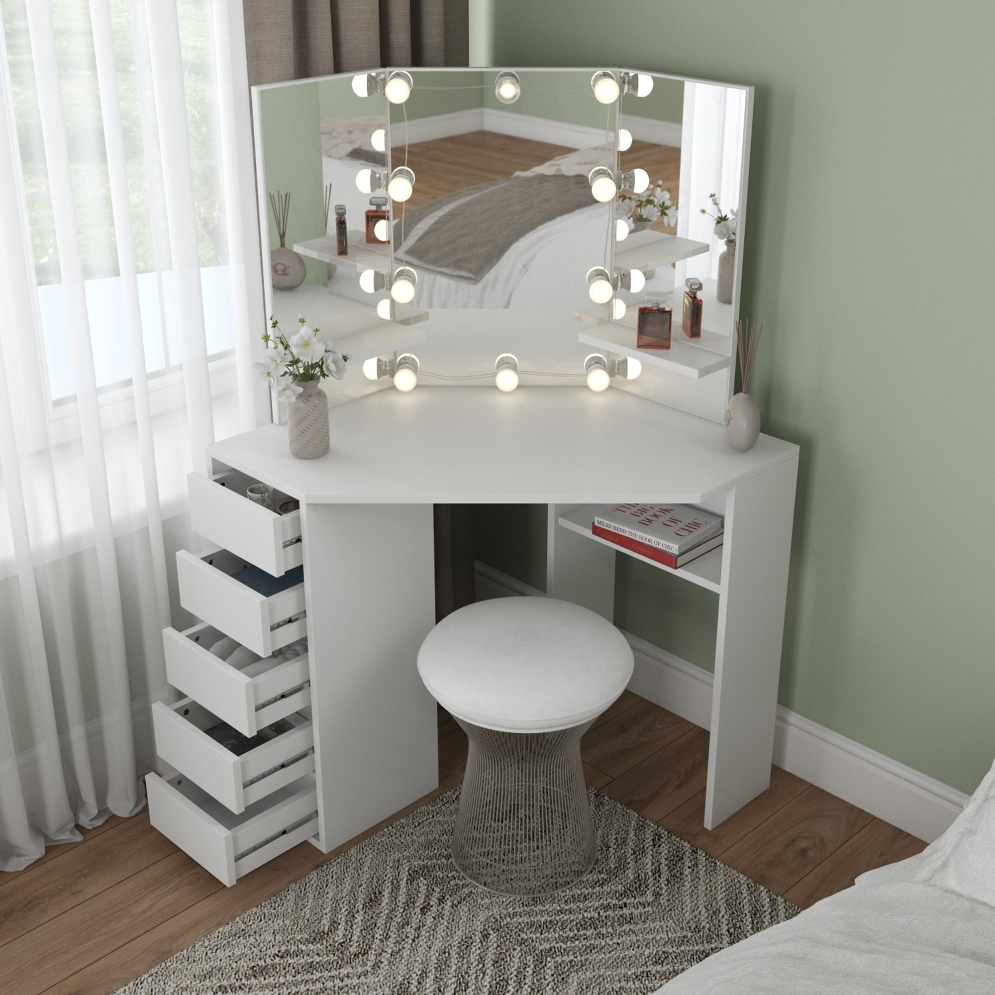 Roomsmart Corner Makeup Vanity Desk with 5 Drawers On Sale Bed
