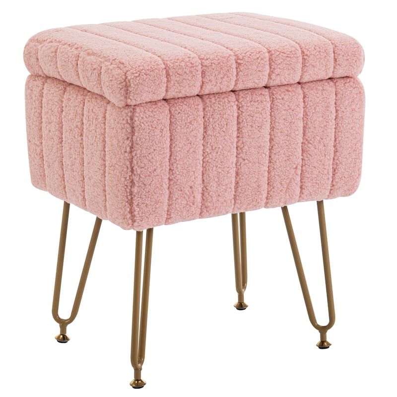 Set of 1 Lamb Wool Fabric Upholstered Storage Ottoman with Matte Golden Legs