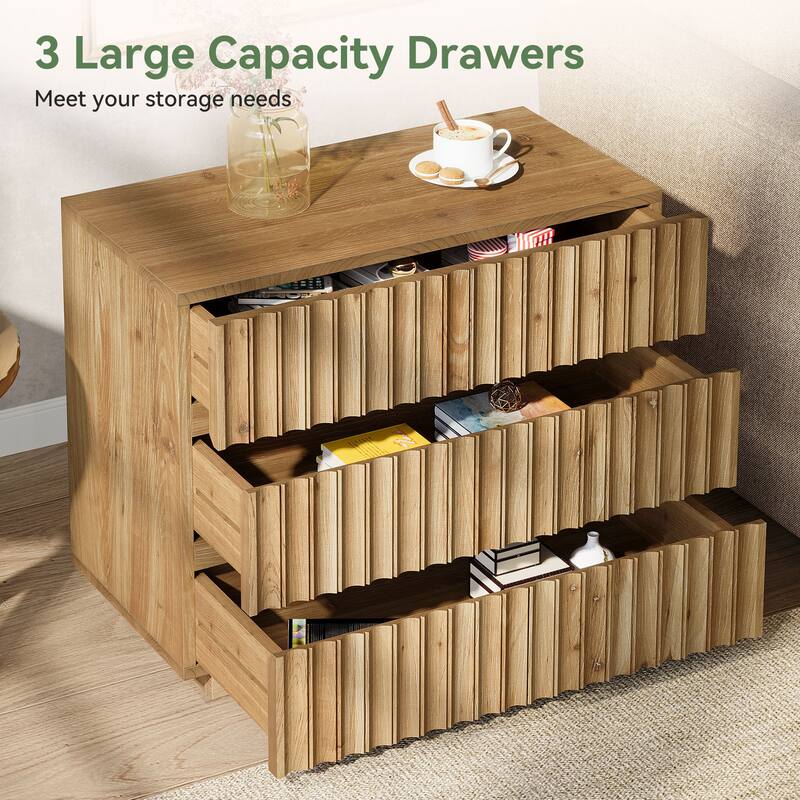 Oversized Solid Wood Farmhouse Nightstand, 31.5" Fluted Night Stand