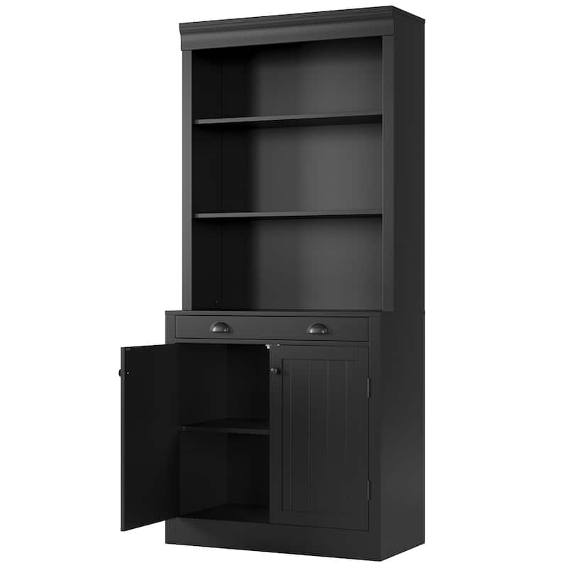 5-Tier Bookshelf, 70 Inch Tall Bookcase with 2 Doors and 1 Drawer, Modern Pantry Sideboard with Adjustable Shelf