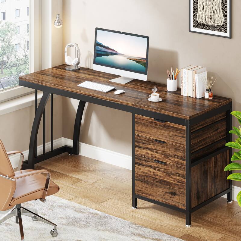 59-inch Wood/ Metal Computer Desk Writing Table with 3 Reversible Drawers - Brown+Black