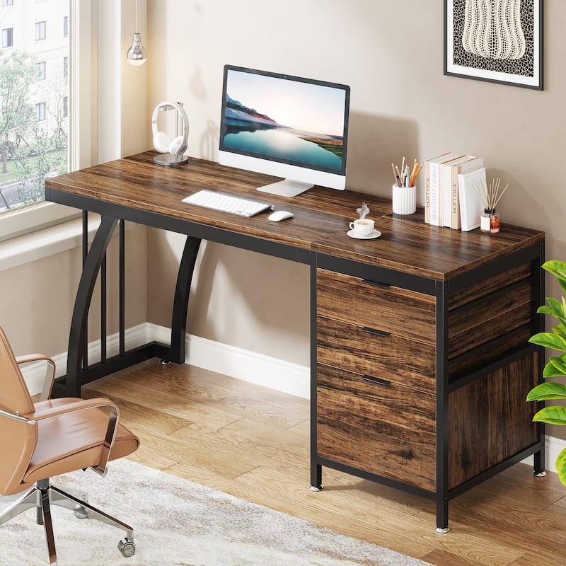 59 inch Reversible Computer Desk with 3 Drawer Cabinet, Industrial Study Writing Table Workstation for Home Office Bedroom