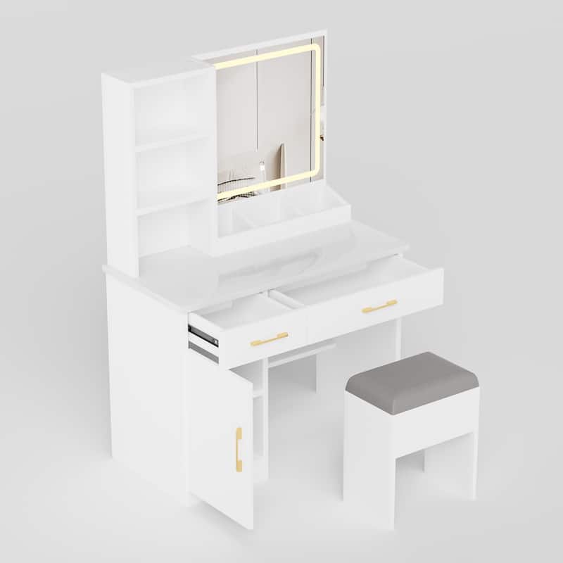 Makeup Vanity Desk with Mirror and Lights, Vanity Table with Power Outlet and 3 Lighting Modes, Dressing Table Set with Stool