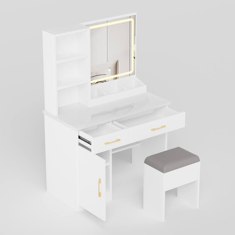 Vanity Desk with Lighten Mirror, 3 Color Mode Brightness Adjustable, ressing Table Set with Cabinet, Drawers, Shelves & Stool