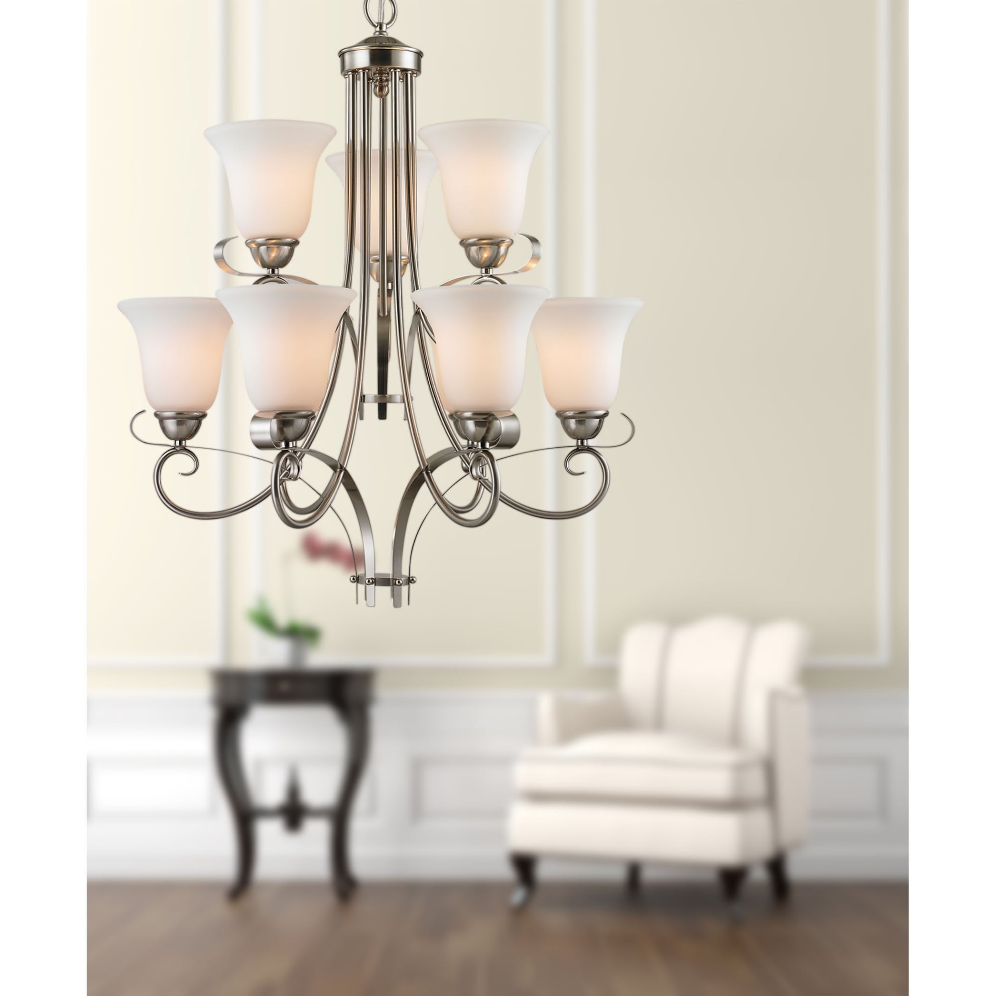 9-Light Scroll-Style Chandelier with Tulip Shades - 29" - Brushed Nickel Finish