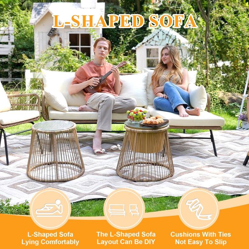 7-Piece Outdoor Boho Patio Furniture Set with Double Egg Chair, Wicker Sectional Conversation Set with Coffee Tables and Cushio