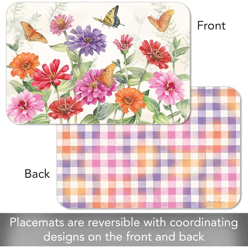 CounterArt Zinnias & Butterflies Reversible Easy Care Flexible Plastic Placemat 4 Pack Made in The USA