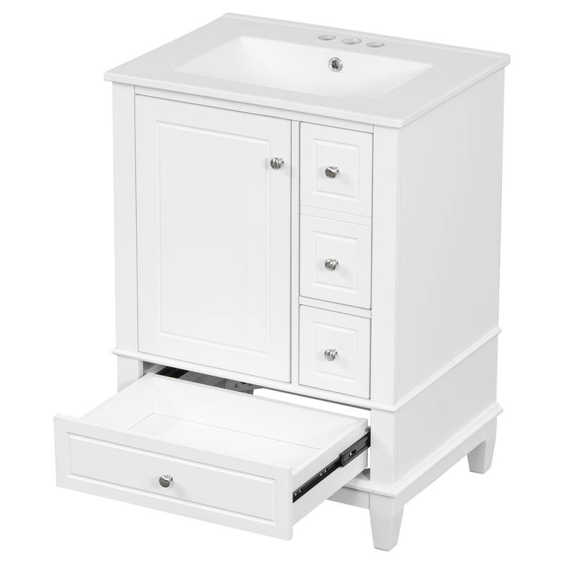 24" Freestanding Bathroom Vanity with Sink - Ceramic Top, Drawers & Shelves, MDF & Solid Wood Base, for Small Bathrooms