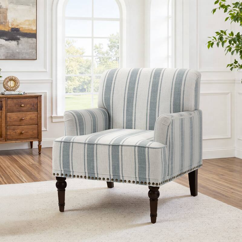 Striped Upholstered Linen Armchair with Brass Nailhead Trim
