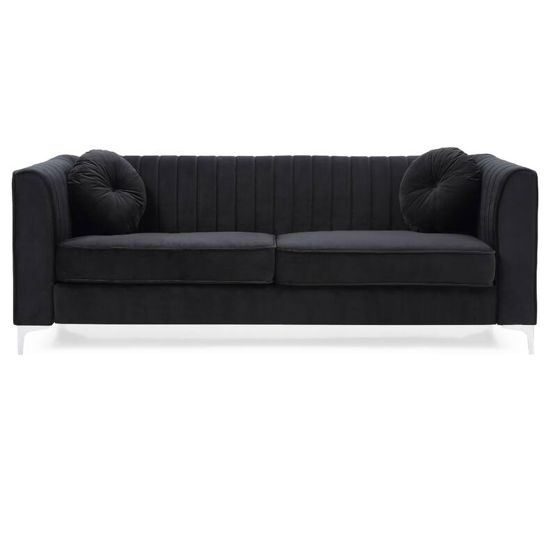Channel Tufted Velvet 2-Seater Sofa with Throw Pillows - 87" - Black