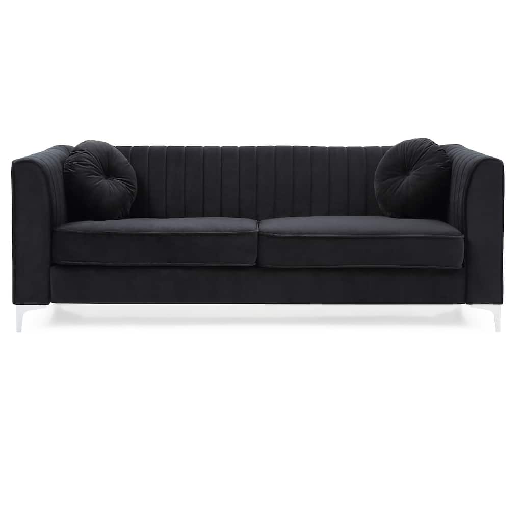 Channel Tufted Velvet 2-Seater Sofa with Throw Pillows - 87" - Black