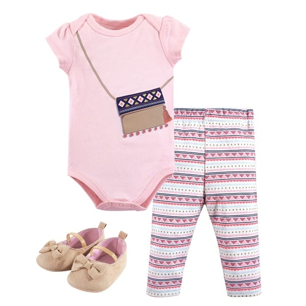 slide 1 of 1, Little Treasure Baby Girl Cotton Bodysuit, Pant and Shoe 3pc Set, Free Spirit 9-12 Months - Free Spirit