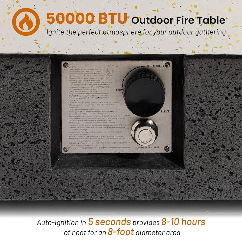 COSIEST Outdoor Concrete Propane Fire Pit Table,Marble & Wood Style Design