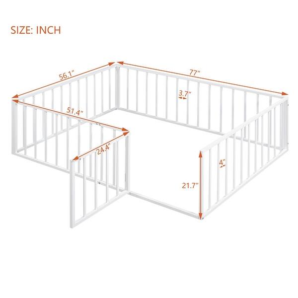 White Metal Floor Bed, Full Size Ground Bed Frame with Fence and Door for Kids Teens Adults, Montessori Bed Frame