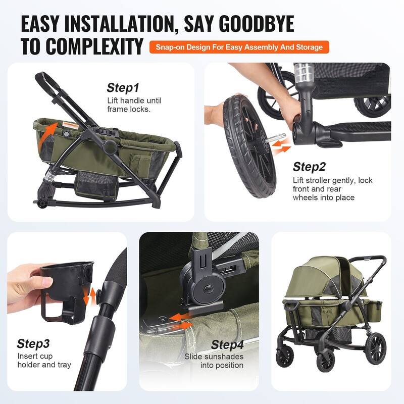 Carbon Steel All-Terrain Stroller Wagon Foldable Twin with Canopy and Tray - 47.2” L x 27.2” W x 42.1” H