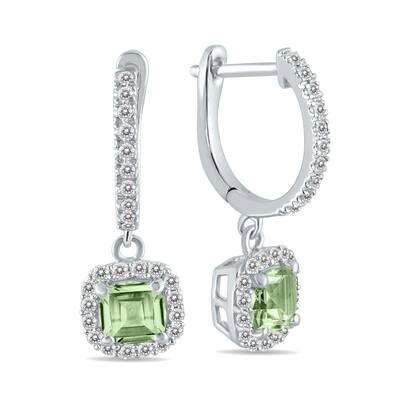 Marquee 1 Carat Green Amethyst and Diamond Halo Dangle Earrings in 10K White Gold