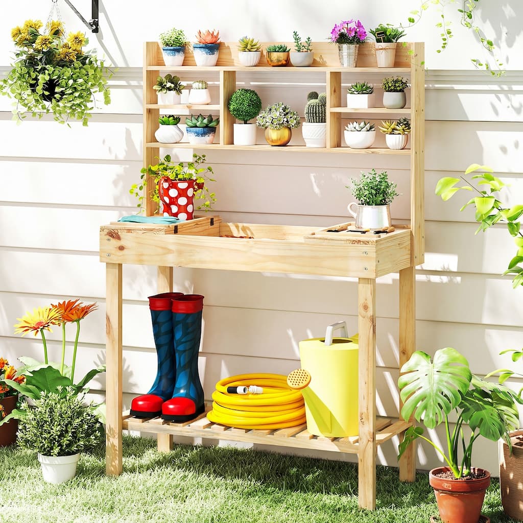 Costway Potting Bench Table Wooden Garden Work Bench Platform with - See Details
