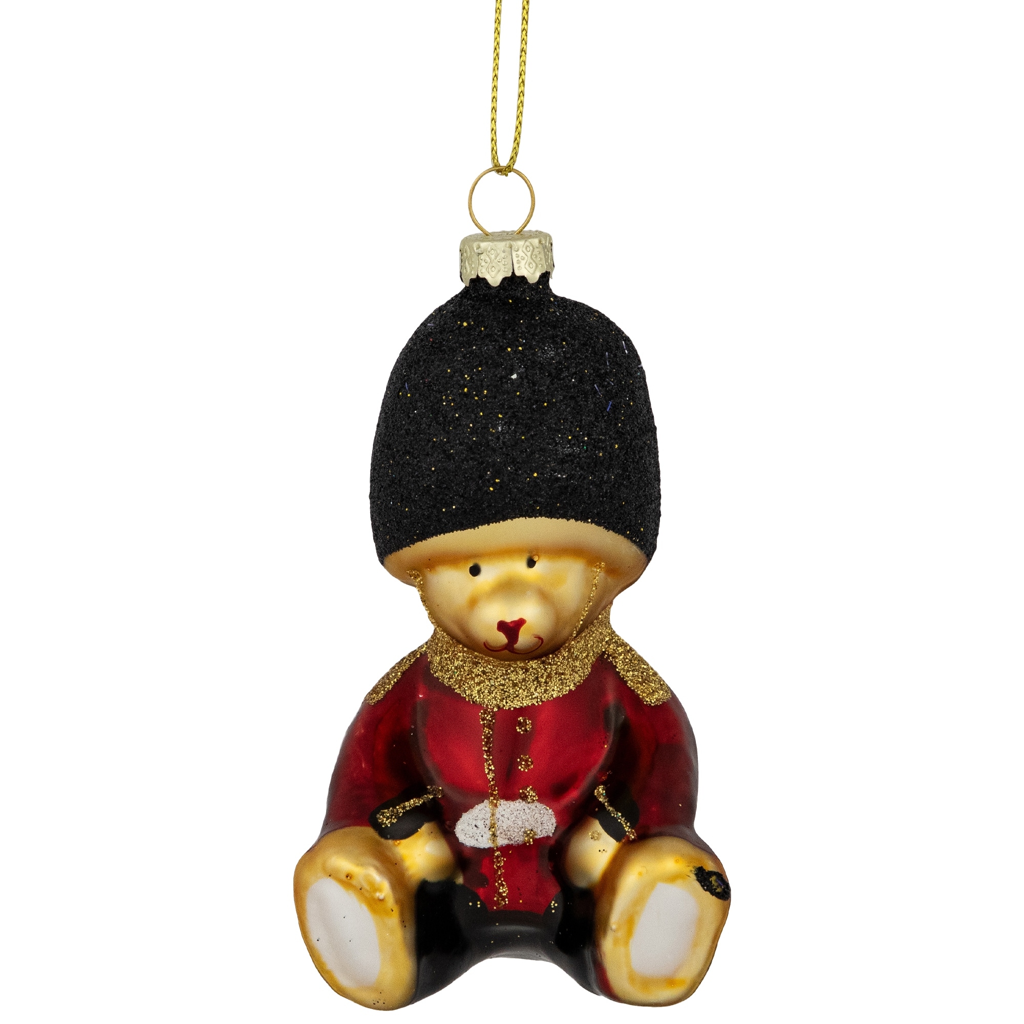 Glitter Teddy Bear Soldier Glass Hanging Ornament 4" Red Black