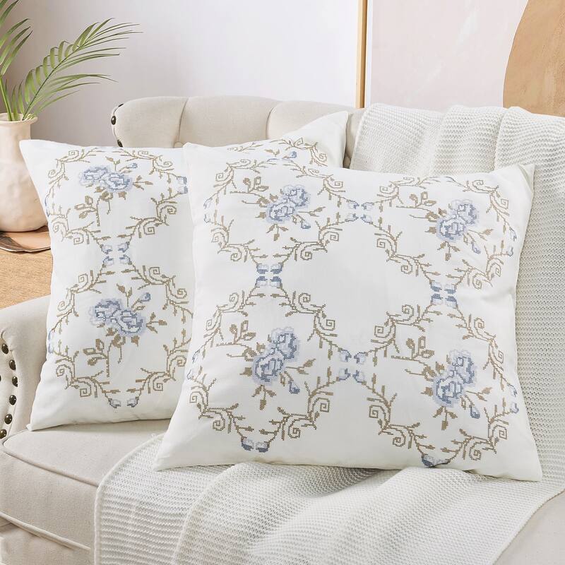 Canvas Pillow Shells with Rose Embellishments (Set of 2), NO INSERT - 20" x 20" - Gray Blue Rose