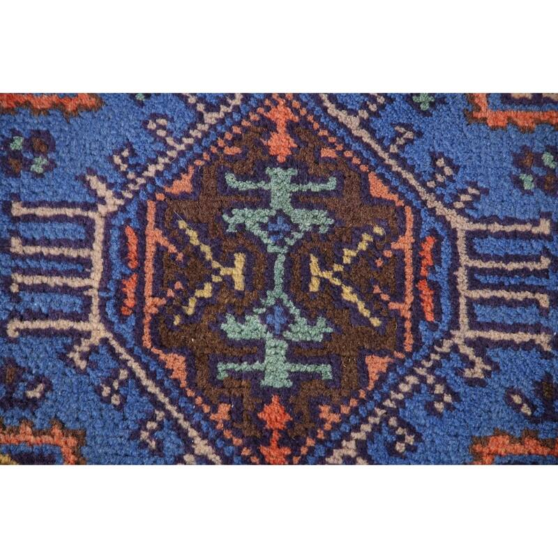 Blue Geometric Kazak Oriental Accent Rug Handmade Wool Carpet - 3'0"x 5'0"