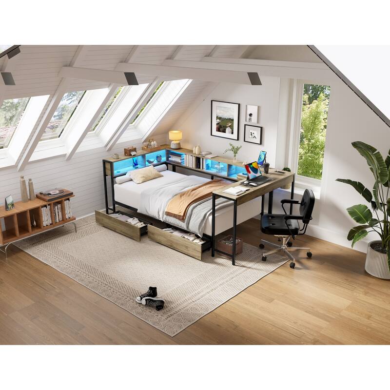 GDFStudio - Modern Corner Bed Frame with Bookcase, 2 Underbed Storage Drawers, LED Lighting & Charging Station