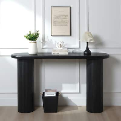 Entryway Accent Table Black Wooden Console Table, Distinct Column Pedestal Base Design with Vertical Ribbed Textured