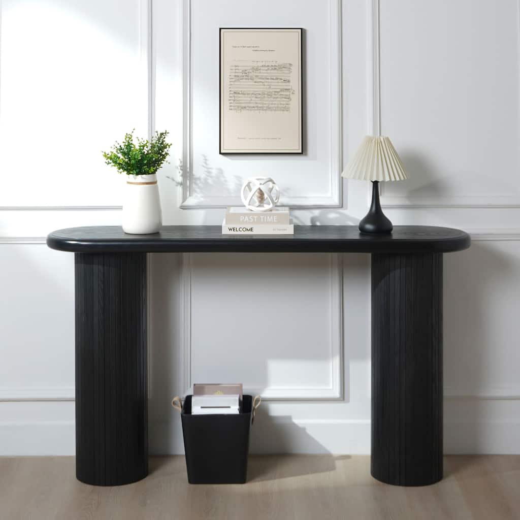 Entryway Accent Table Black Wooden Console Table, Distinct Column Pedestal Base Design with Vertical Ribbed Textured