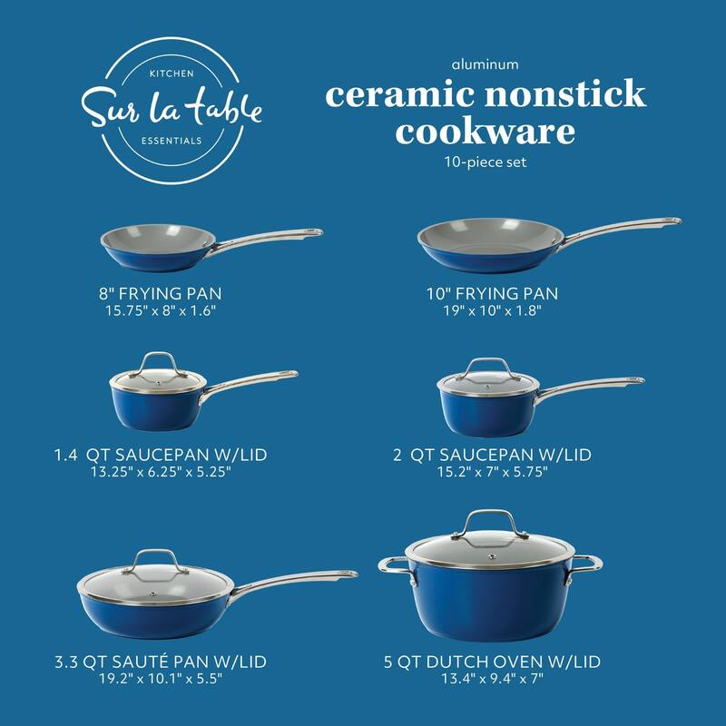 Sur La Table Kitchen Essentials 10 Piece PFA Free Titanium Ceramic Nonstick Interior Forged Aluminum Cookware Pots and Pans Set