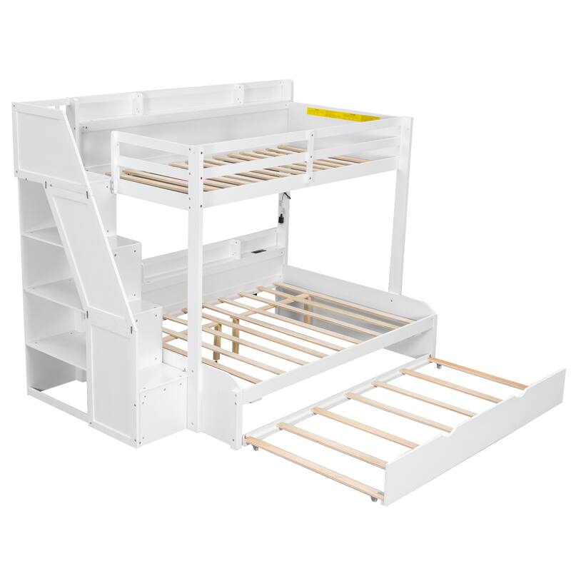 Twin Over Full Size Bunk Bed with Built-in 3-in-1 Storage Shelves and Charging Station, Pull-out Trundle, Storage Staircase