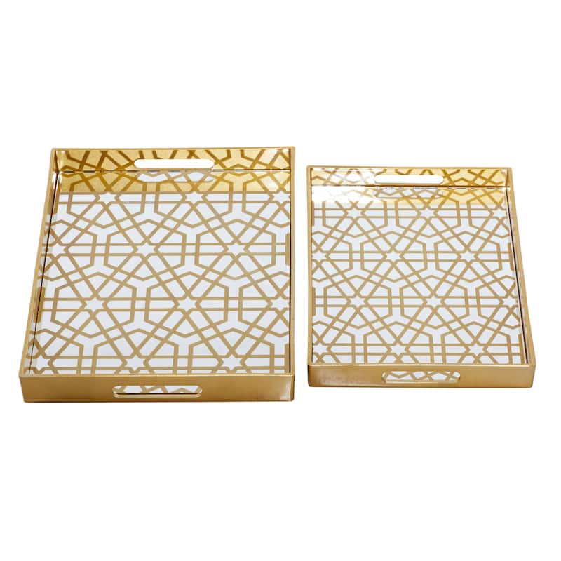 CosmoLiving by Cosmopolitan Gold Plastic Mirrored Geometric Living Room Decor Tray (Set of 2) - S/2 14", 16"W