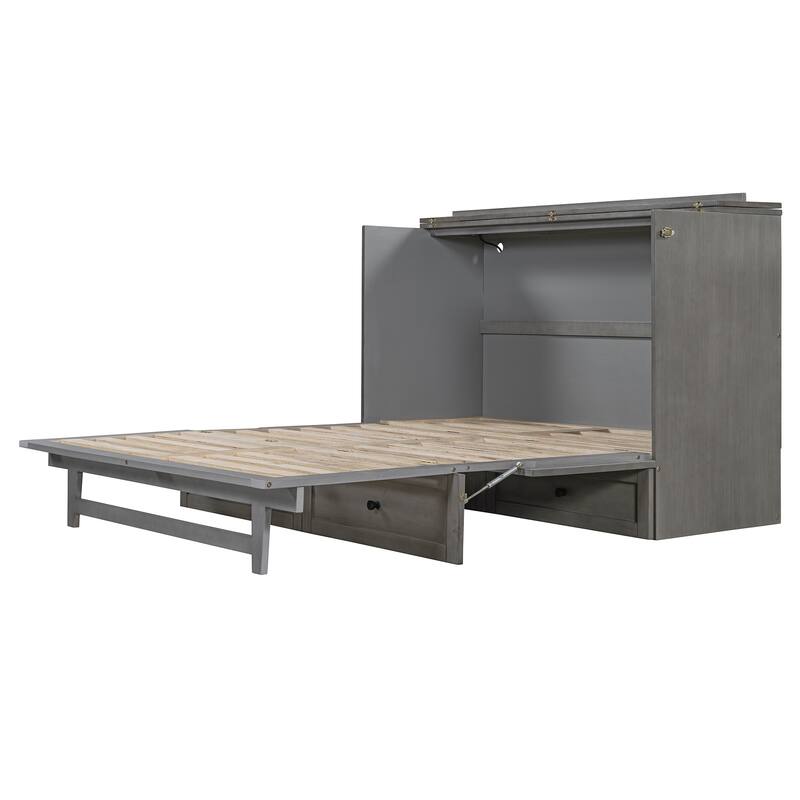 Queen Size Space-Saving Murphy Bed with Storage Drawers and USB Ports, Brushed Gray